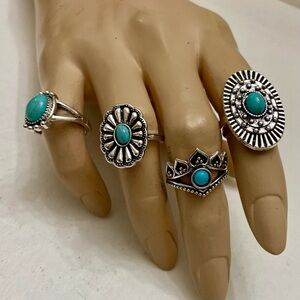 Vintage, 4pc Silver Tone- Faux Turquoise Rings (G)